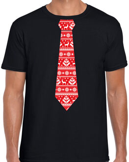 Bellatio Decorations Stropdas Kerst t-shirt kerstpatroon zwart voor heren 2XL - kerst t-shirts Rood