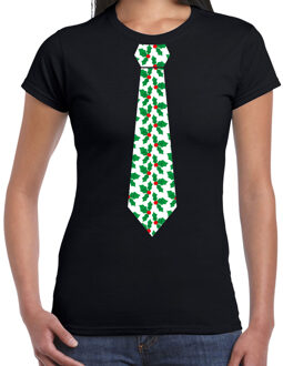 Bellatio Decorations Stropdas Kerst T-shirt mistletoe patroon voor dames zwart XS - kerst t-shirts Wit