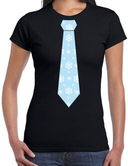 Bellatio Decorations Stropdas Kerst T-shirt sneeuwvlokken voor dames zwart Blauw