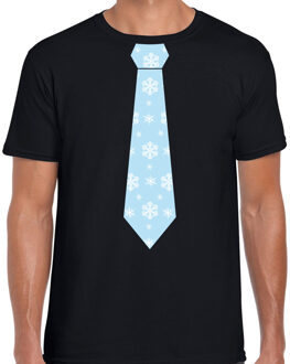 Bellatio Decorations Stropdas Kerst t-shirt sneeuwvlokken zwart voor heren