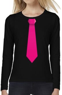 Bellatio Decorations Stropdas roze long sleeve t-shirt zwart voor dames 2XL