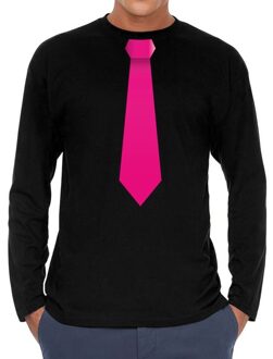 Bellatio Decorations Stropdas roze long sleeve t-shirt zwart voor heren