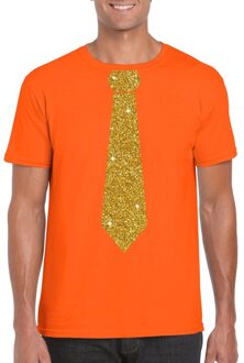 Bellatio Decorations Stropdas t-shirt oranje met gouden glitter das heren 2XL - Feestshirts