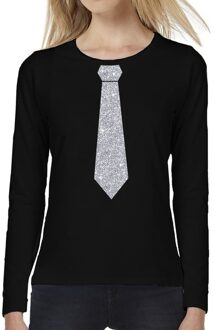 Bellatio Decorations Stropdas zilver glitter long sleeve t-shirt zwart voor dames