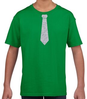 Bellatio Decorations Stropdas zilver glitter t-shirt groen voor kinderen L (146-152)