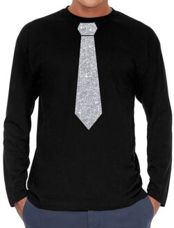Bellatio Decorations Stropdas zilver glitter t-shirt long sleeve zwart voor heren