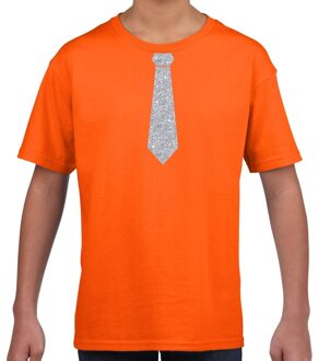 Bellatio Decorations Stropdas zilver glitter t-shirt oranje voor kinderen L (146-152)