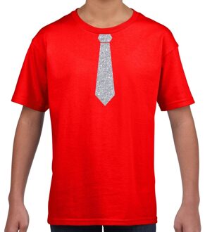 Bellatio Decorations Stropdas zilver glitter t-shirt rood voor kinderen L (146-152)