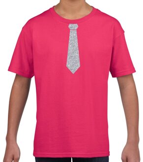 Bellatio Decorations Stropdas zilver glitter t-shirt roze voor kinderen L (146-152)