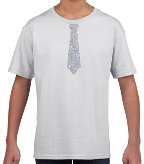 Bellatio Decorations Stropdas zilver glitter t-shirt wit voor kinderen M (134-140)