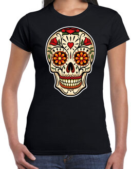 Bellatio Decorations Sugar skull fashion t-shirt rock / punker zwart voor dames L