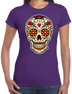 Bellatio Decorations Sugar Skull t-shirt dames - paars - Day of the Dead - punk/rock/tattoo thema