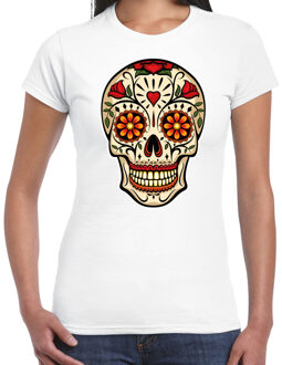 Bellatio Decorations Sugar Skull t-shirt dames - wit - Day of the Dead - punk/rock/tattoo thema