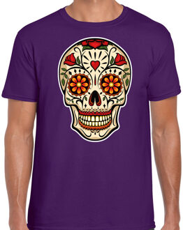 Bellatio Decorations Sugar Skull t-shirt heren - paars - Day of the Dead - punk/rock/tattoo thema 2XL