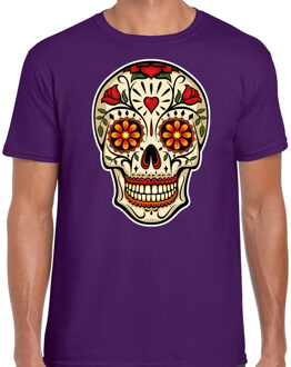 Bellatio Decorations Sugar Skull t-shirt heren - paars - Day of the Dead - punk/rock/tattoo thema
