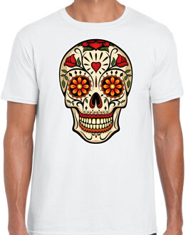 Bellatio Decorations Sugar Skull t-shirt heren - wit - Day of the Dead - punk/rock/tattoo thema 2XL