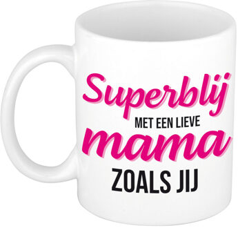 Bellatio Decorations Super blij met een lieve mama zoals jij cadeau mok / beker wit 300 ml - Cadeau mokken / Moederdag - feest mokken Roze