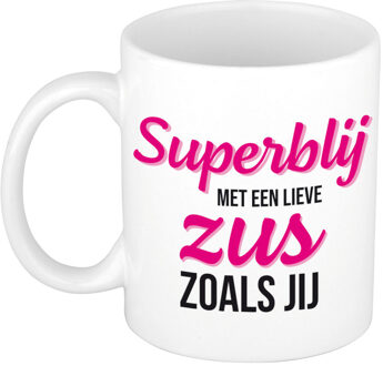 Bellatio Decorations Super blij met een lieve zus zoals jij cadeau mok / beker wit 300 ml - Cadeau mokken - feest mokken Roze