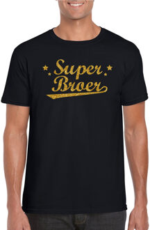 Bellatio Decorations Super broer cadeau t-shirt met gouden glitters op zwart heren - kado shirt voor broers 2XL