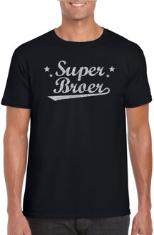 Bellatio Decorations Super broer cadeau t-shirt met zilveren glitters op zwart heren - kado shirt voor broers 2XL