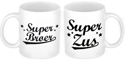 Bellatio Decorations Super broer en zus mok - Cadeau beker set voor Broer en Zus