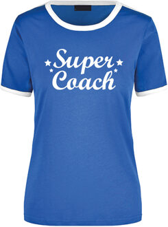 Bellatio Decorations Super coach blauw/wit ringer t-shirt voor dames XL