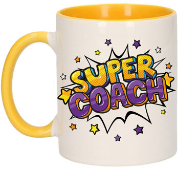 Bellatio Decorations Super coach cadeau mok / beker wit en geel met sterren 300 ml - feest mokken