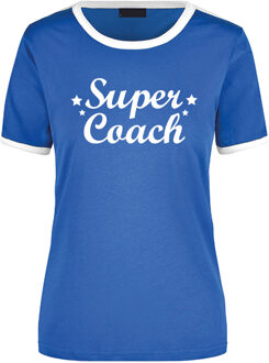 Bellatio Decorations Super coach cadeau ringer t-shirt blauw met witte randjes voor dames - Einde schooljaar/verjaardag cadeau L