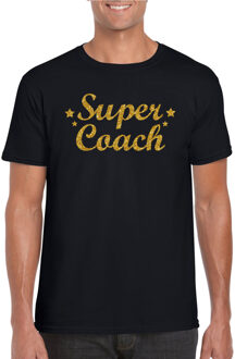 Bellatio Decorations Super Coach cadeau t-shirt met gouden glitters met zwart voor heren - Bedankt cadeau voor een coach L
