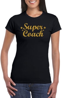 Bellatio Decorations Super Coach cadeau t-shirt met gouden glitters op zwart voor dames - Bedankt cadeau voor een coach L