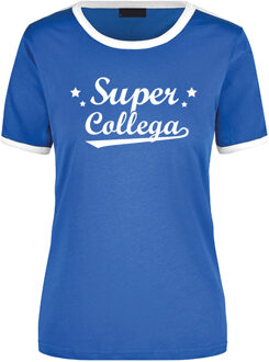 Bellatio Decorations Super collega cadeau ringer t-shirt blauw met witte randjes voor dames - Afscheid/verjaardag cadeau L