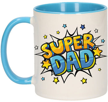 Bellatio Decorations Super dad cadeau mok / beker wit en blauw met sterren 300 ml - feest mokken