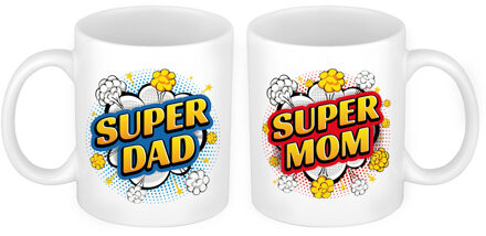 Bellatio Decorations Super Dad en Mom cartoon mok - Vaderdag en moederdag cadeau - feest mokken Wit