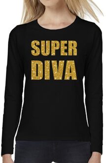 Bellatio Decorations Super DIVA goud glitter t-shirt long sleeve zwart voor dames XS