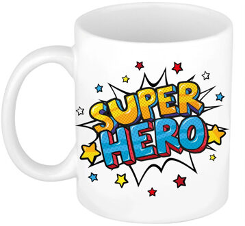 Bellatio Decorations Super hero bedank mok / cadeaubeker wit met sterren 300 ml - feest mokken