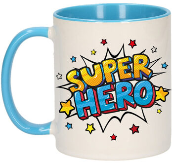 Bellatio Decorations Super hero cadeau mok / beker wit en blauw met sterren 300 ml - feest mokken