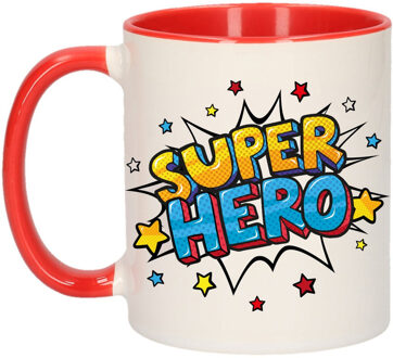 Bellatio Decorations Super hero cadeau mok / beker wit en rood met sterren 300 ml - feest mokken