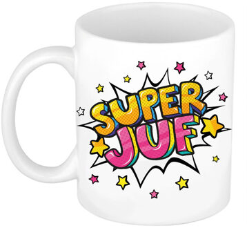 Bellatio Decorations Super juf cadeau koffiemok - theebeker - wit met sterren - 300 ml - keramiek - cadeau - bedankje Roze