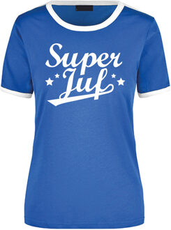 Bellatio Decorations Super juf cadeau ringer t-shirt blauw met witte randjes voor dames - Einde schooljaar/juffendag cadeau L