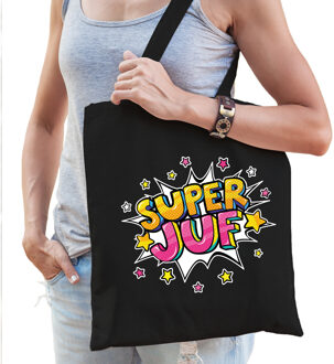 Bellatio Decorations Super juf popart katoenen tas zwart voor dames - cadeau tasjes - Feest Boodschappentassen