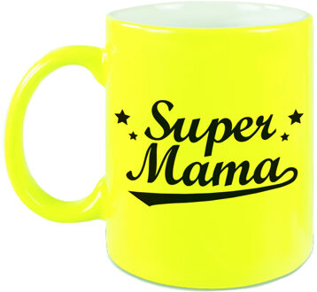 Bellatio Decorations Super mama cadeau mok / beker neon geel voor Moederdag 330 ml - feest mokken