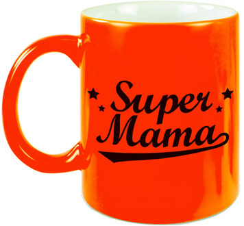 Bellatio Decorations Super mama cadeau mok / beker neon oranje voor Moederdag 330 ml - feest mokken