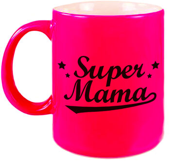 Bellatio Decorations Super mama cadeau mok / beker neon roze voor Moederdag 330 ml - feest mokken