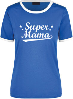 Bellatio Decorations Super mama cadeau ringer t-shirt blauw met witte randjes voor dames - Moederdag/verjaardag cadeau L