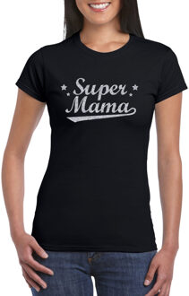 Bellatio Decorations Super mama cadeau t-shirt met zilveren glitters op zwart voor dames