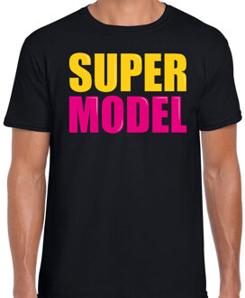 Bellatio Decorations Super model tekst t-shirt - zwart - voor heren - carnaval - verkleedkleding - foute party