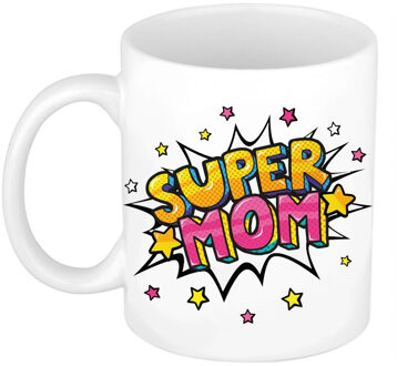 Bellatio Decorations Super mom bedank mok / cadeaubeker wit met sterren 300 ml - feest mokken