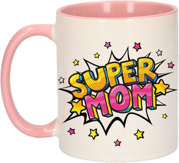 Bellatio Decorations Super mom bedank mok / cadeaubeker wit / roze met sterren 300 ml - feest mokken