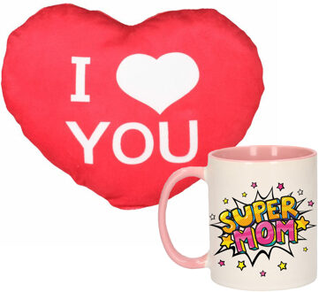 Bellatio Decorations Super mom mok/beker 300 ml roze incl. sierkussentje hart vorm 12 cm