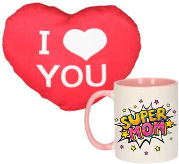 Bellatio Decorations Super mom - mok/beker - 300 ml - roze - incl. sierkussentje hart vorm - 15 cm
